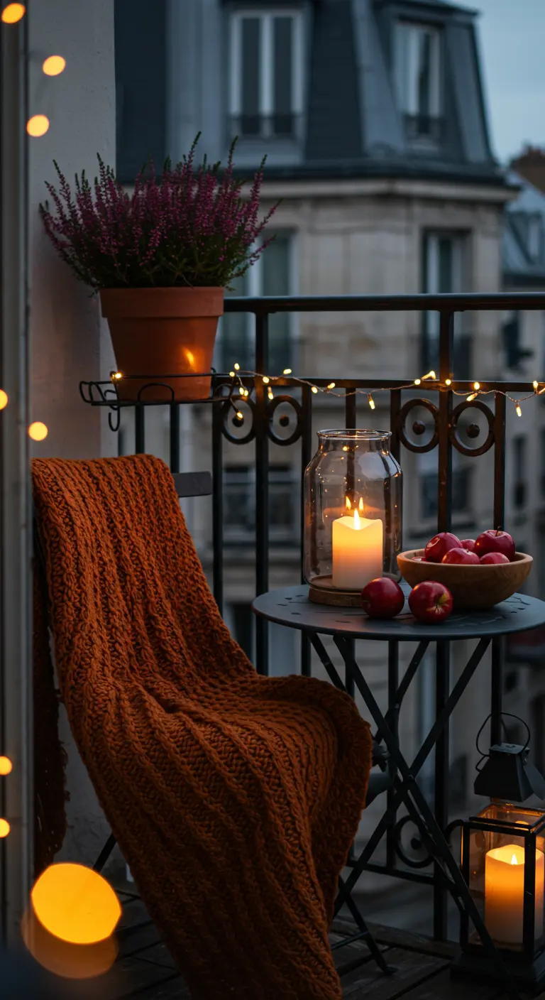 Balcon parisien avec plaid orange, bruyère et bougies.