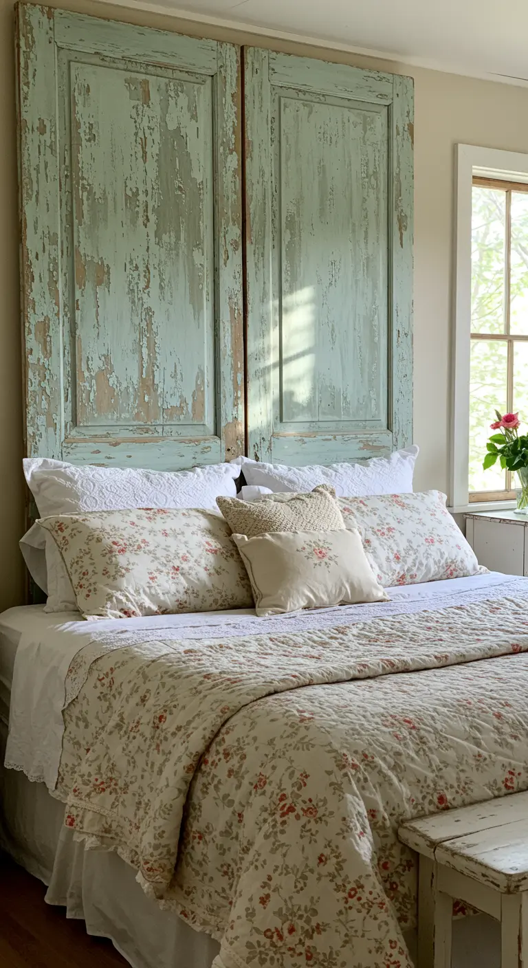 Deux vieilles portes en bois peintes en vert menthe écaillé utilisées comme tête de lit.