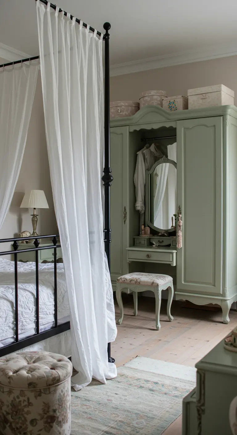 Chambre romantique avec un lit à baldaquin et une armoire ancienne peinte en vert sauge.