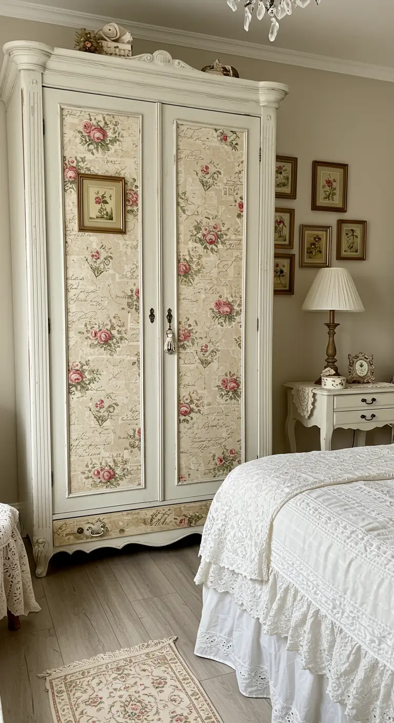 Armoire vintage blanche dont les panneaux sont recouverts d'un papier peint floral romantique.