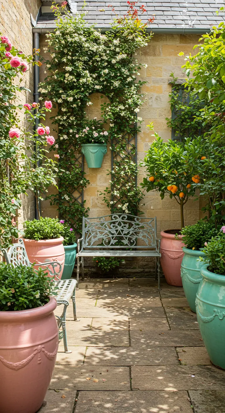 Patio romantique avec de grands pots pastel, un banc en fer forgé et des plantes grimpantes