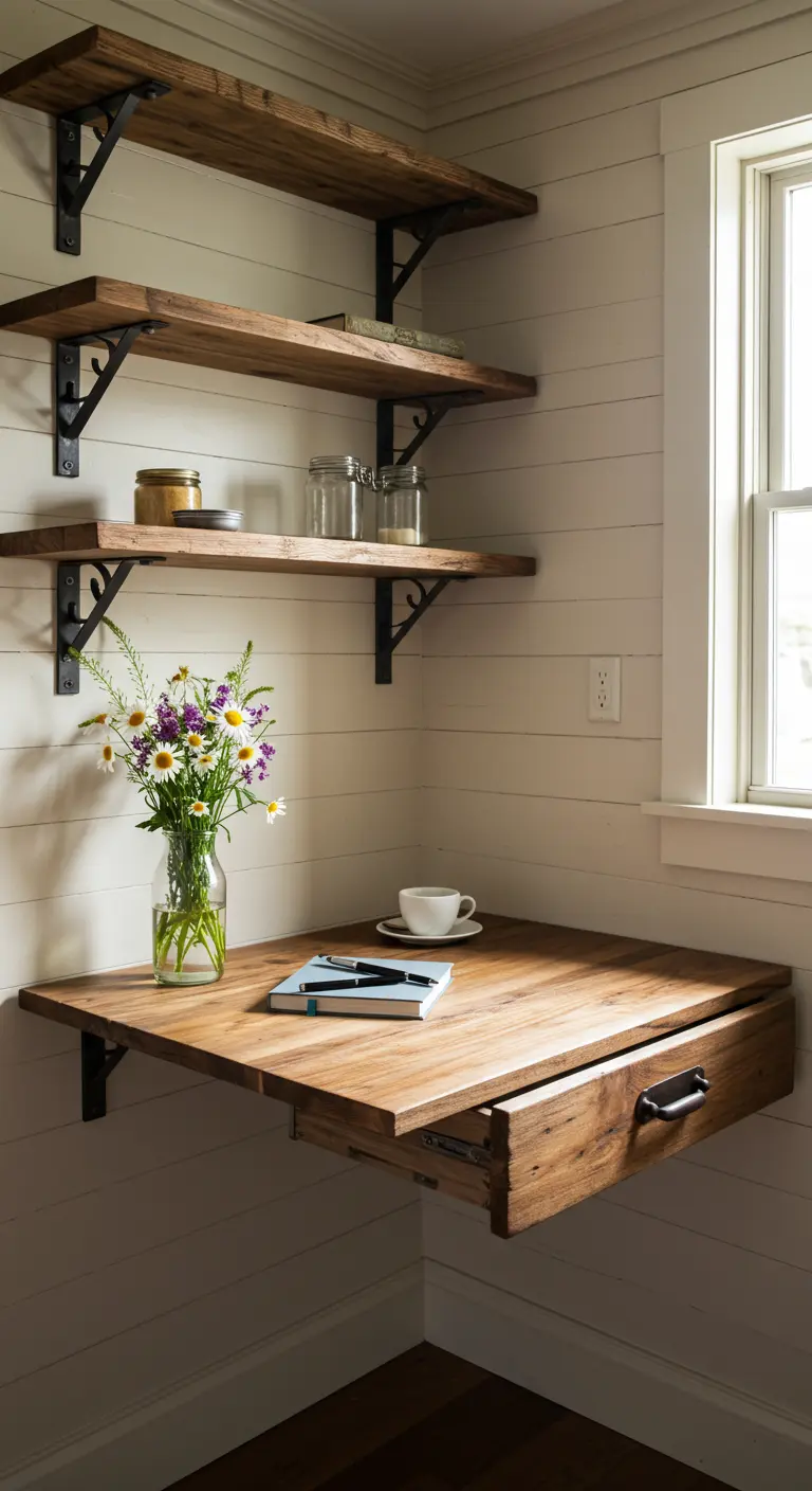 Bureau d'angle rustique en bois brut avec tiroir flottant et étagères sur équerres en métal.