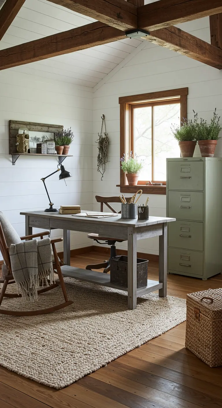 Bureau rustique en bois dans une pièce lambrissée avec un classeur en métal vintage.