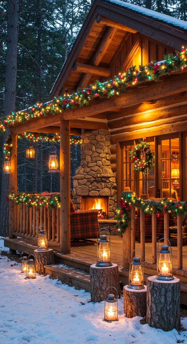 Cabane en bois enneigée avec porche décoré de guirlandes, lanternes sur des rondins et cheminée allumée.