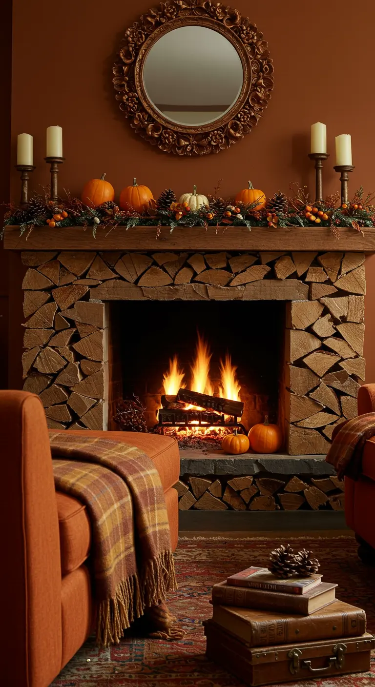 Cheminée rustique décorée de citrouilles, de pommes de pin et d'un feu de bois.
