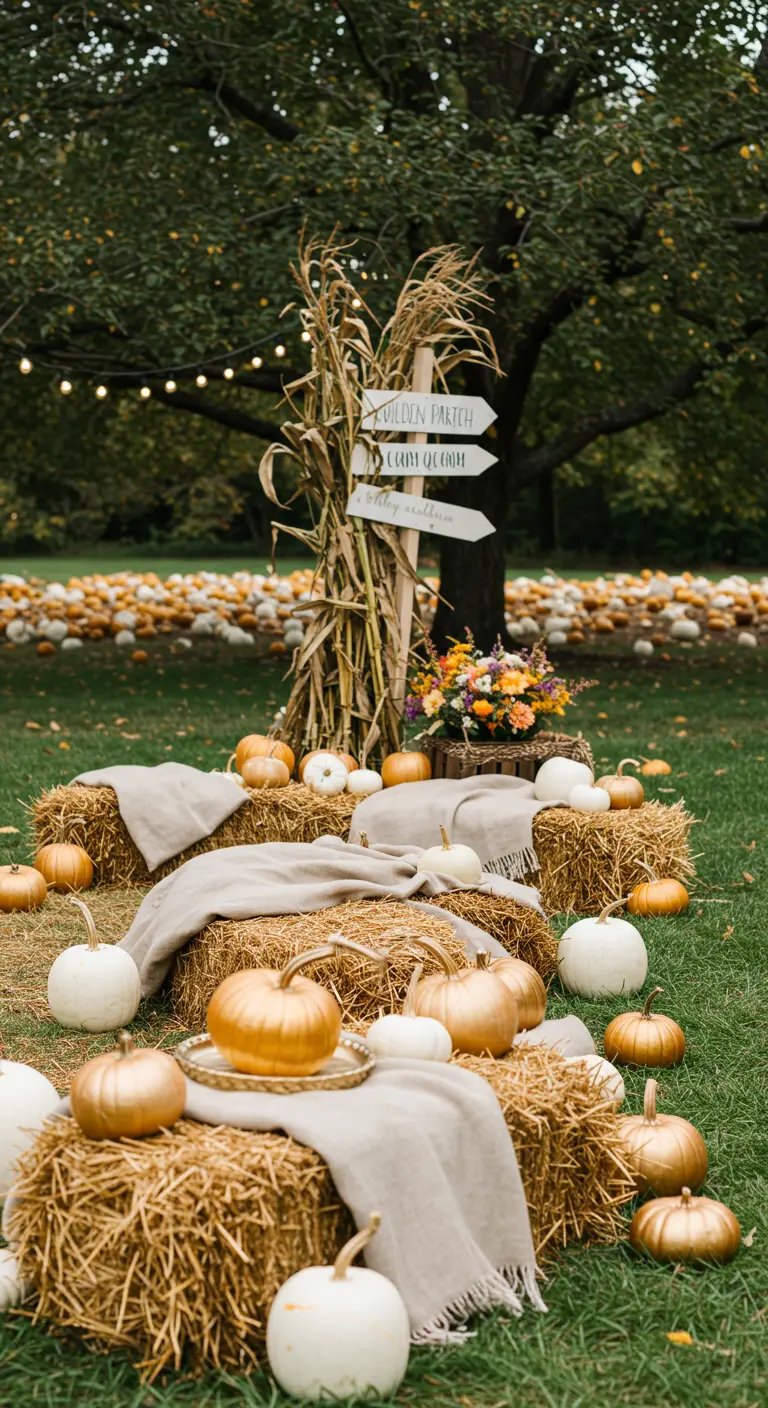Décoration avec bottes de foin, citrouilles et plaids dans un jardin.