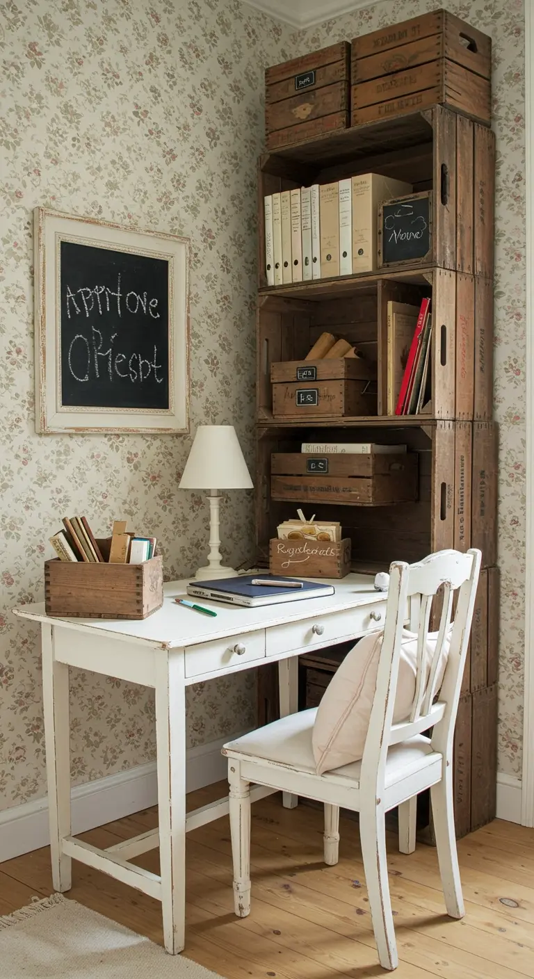 Bureau de style rustique avec une bibliothèque faite de caisses en bois empilées.