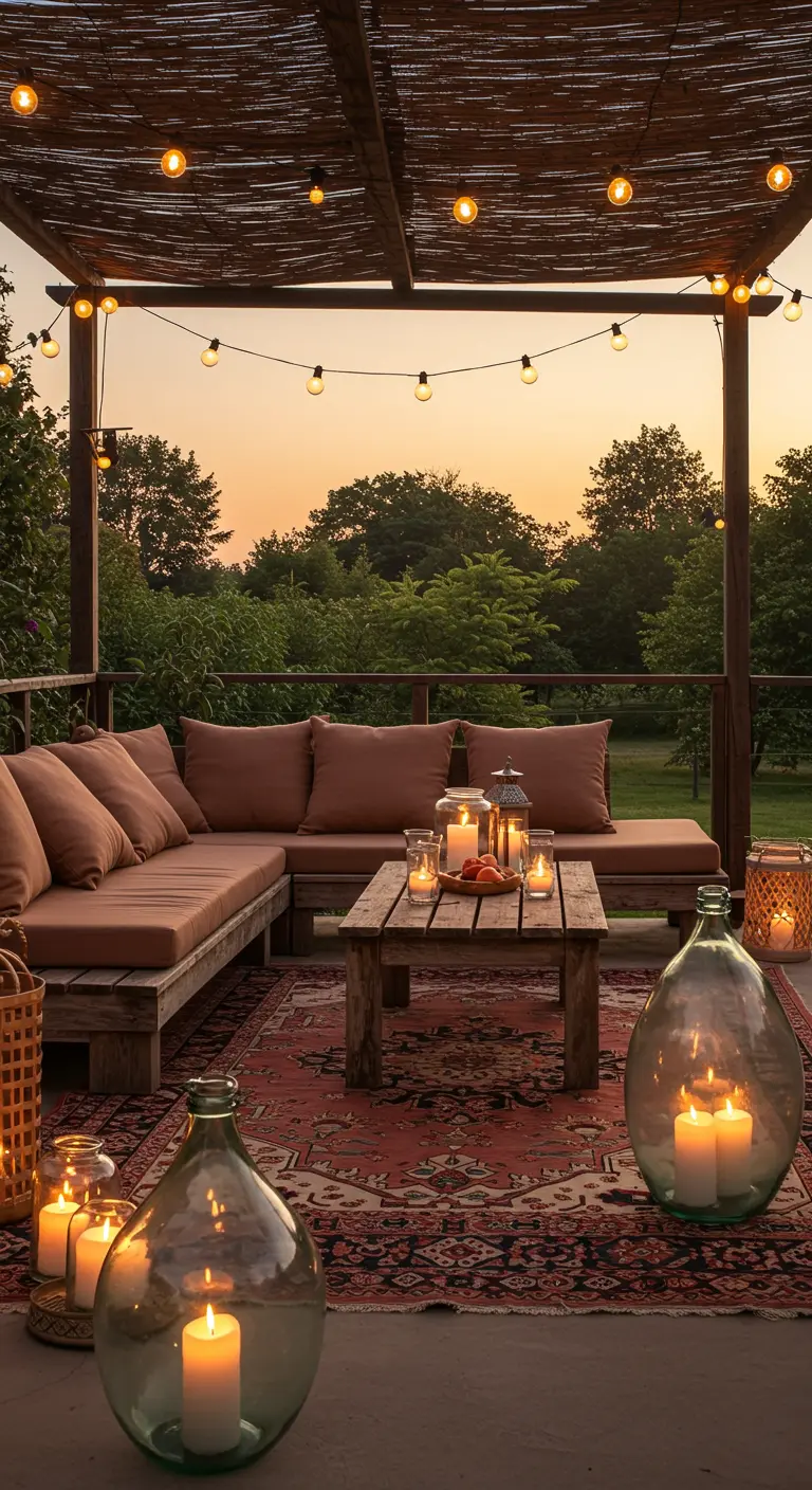 Terrasse rustique avec canapé en bois, tapis persan et bougies dans des bonbonnes