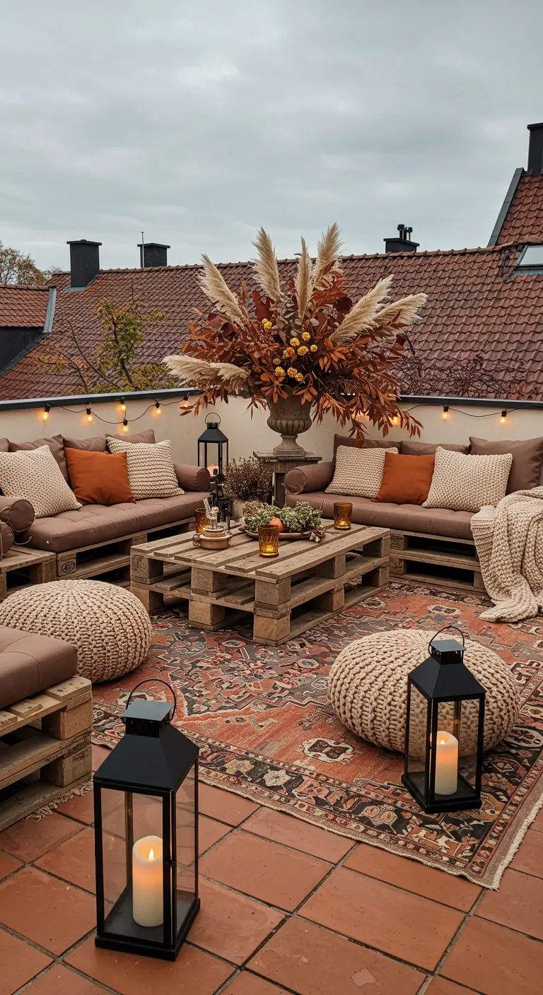 Terrasse cosy avec mobilier en palettes, coussins marrons, grand vase de pampas et lanternes noires.