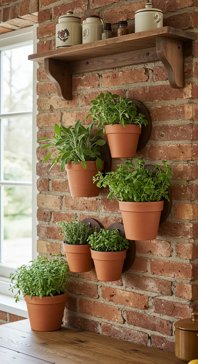 Pots en terre cuite fixés sur un mur de briques apparentes, remplis d'herbes aromatiques.