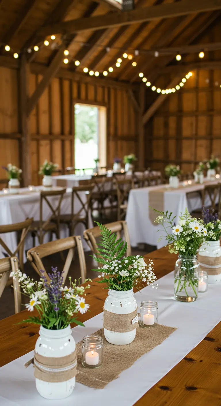 Bocaux blancs ornés de jute avec gypsophile et herbes, sur une table rustique de grange.