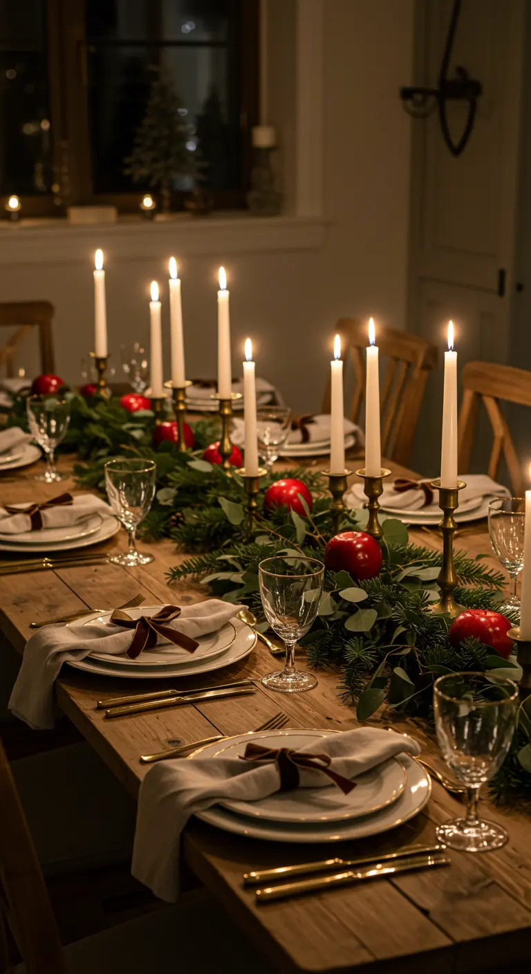 Table en bois décorée d'une guirlande de sapin, de pommes rouges et de bougies blanches dans des chandeliers dorés.
