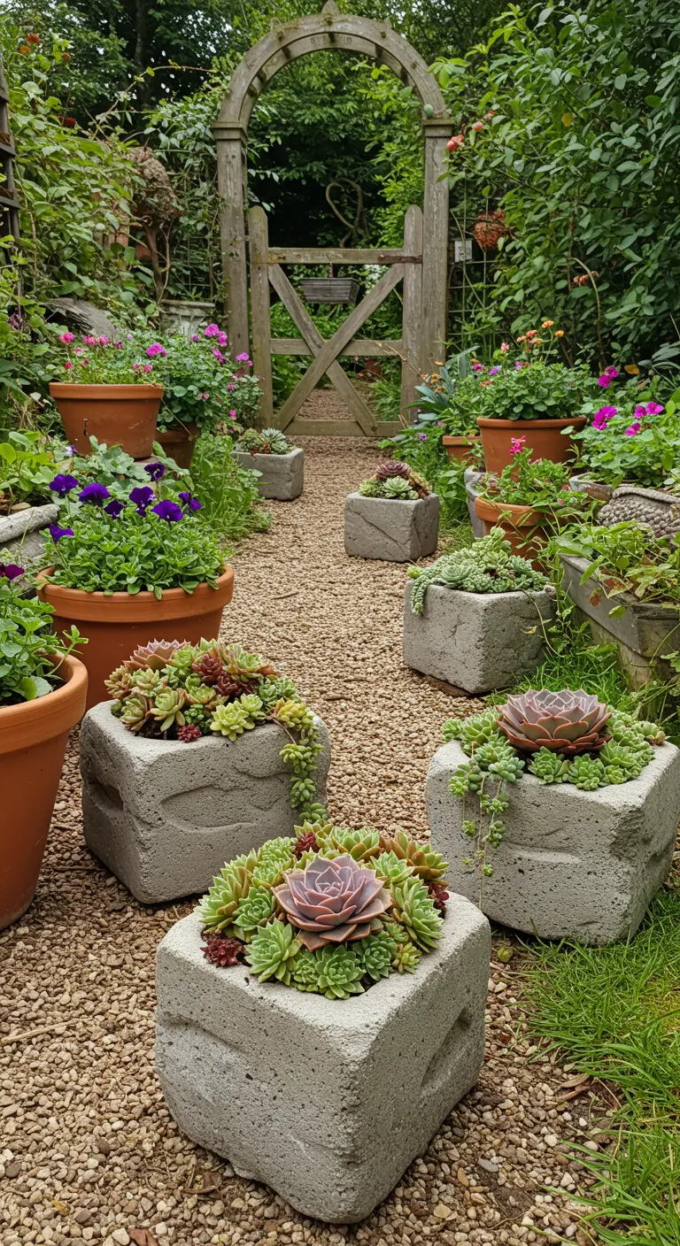 Chemin de gravier dans un jardin avec des pots cubiques en béton texturé, remplis de diverses succulentes.