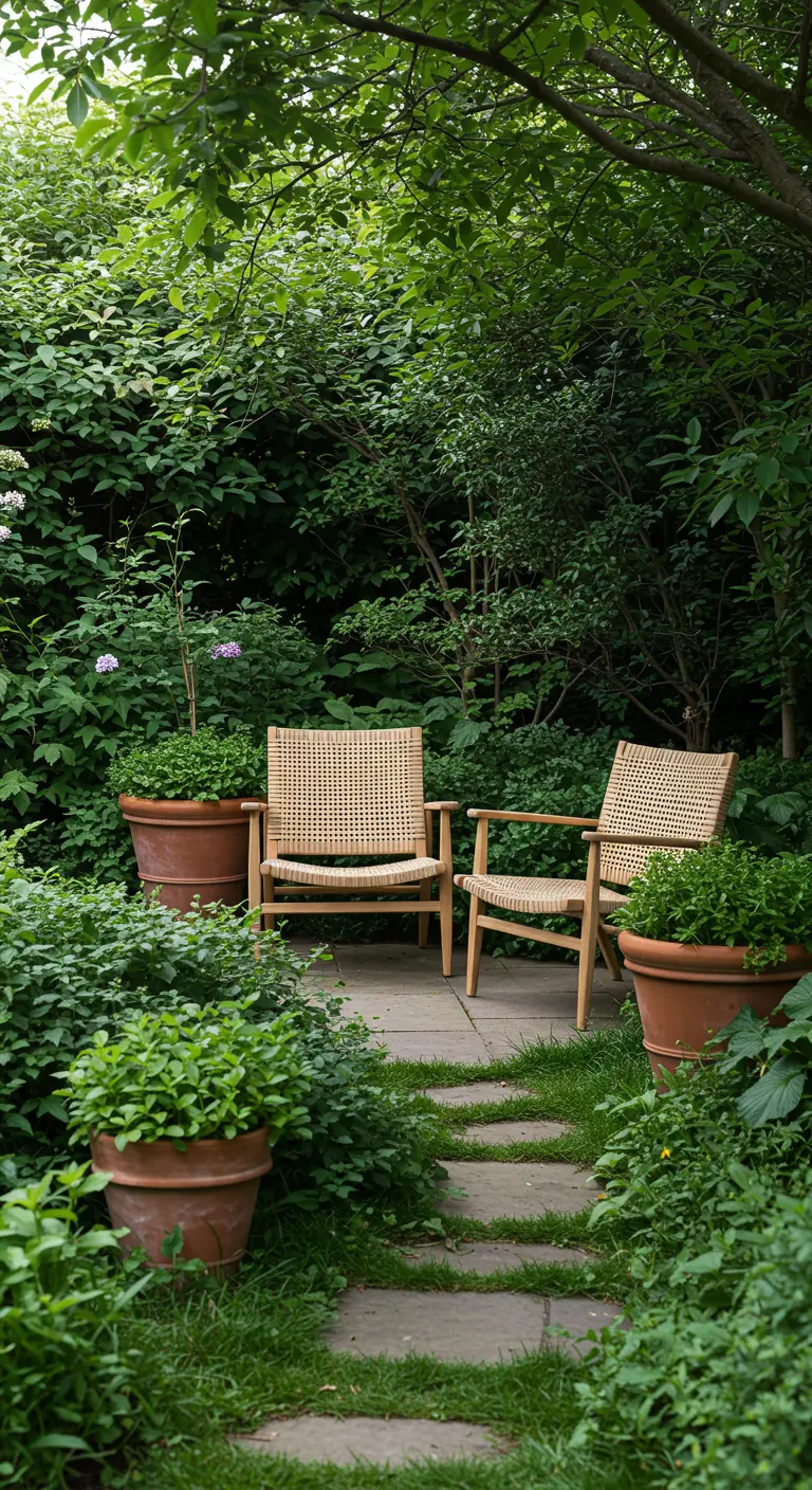 Deux fauteuils en cannage dans un jardin luxuriant, entourés de grandes poteries en terre cuite et d'un chemin de dalles.