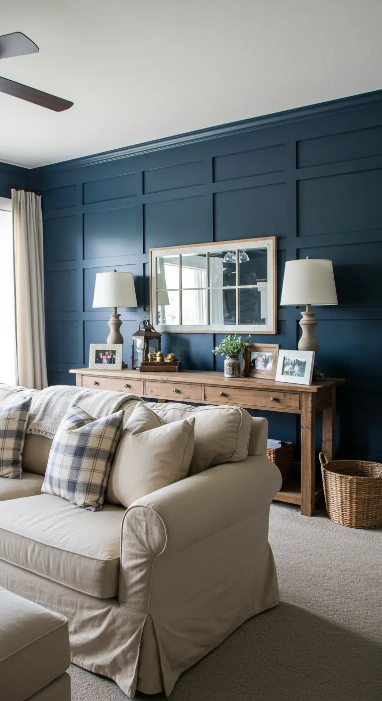 Mur d'accent bleu marine avec un relief en quadrillage (board and batten) derrière une console.