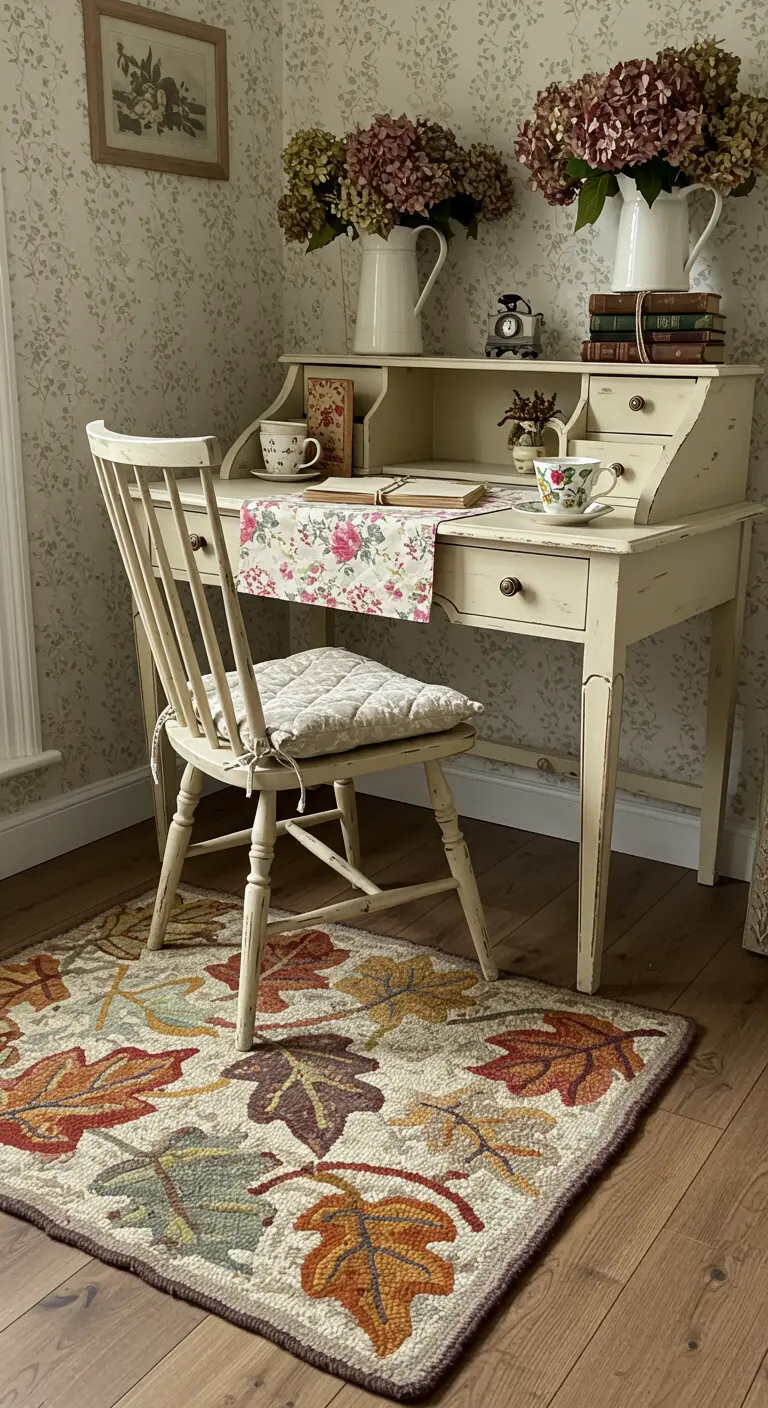 Bureau secrétaire de style cottage avec papier peint floral et tapis à motifs de feuilles.