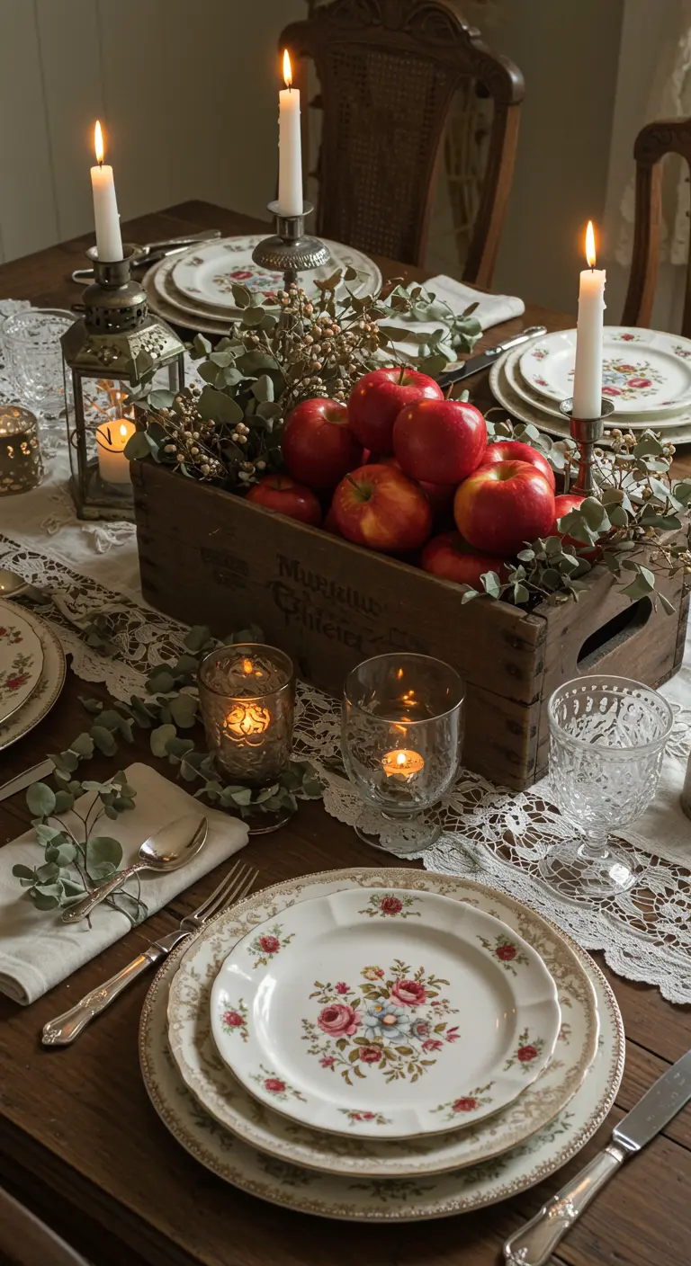 Table vintage avec caisse en bois remplie de pommes rouges et d'eucalyptus, bougies et vaisselle fleurie.
