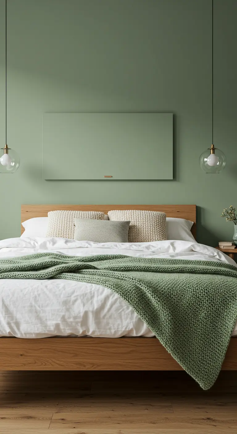 Chambre minimaliste avec un mur vert sauge et un panneau chauffant assorti.