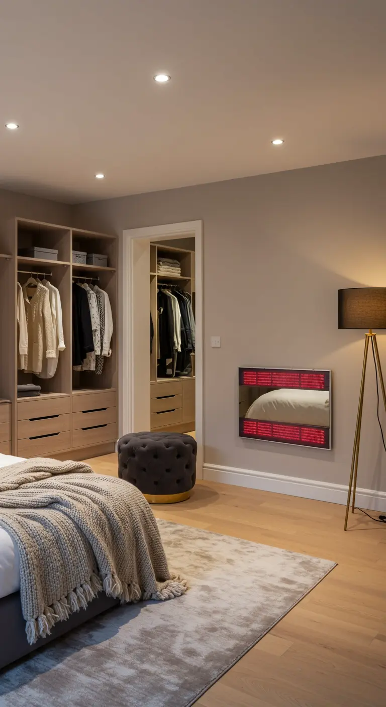 Chauffage infrarouge design en forme de miroir mural dans une chambre moderne.