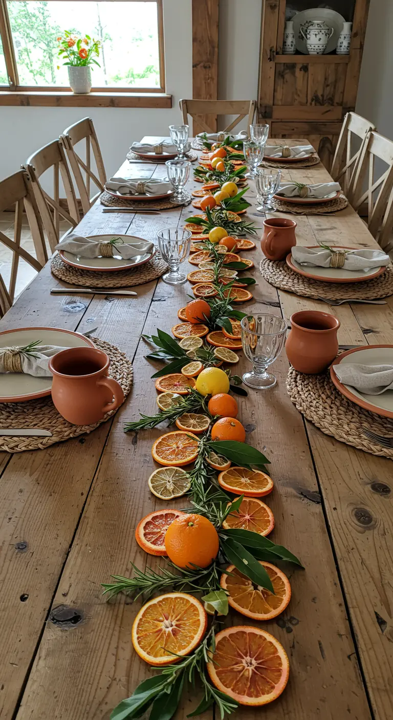 Table en bois rustique avec un chemin de table fait d'agrumes et de romarin.
