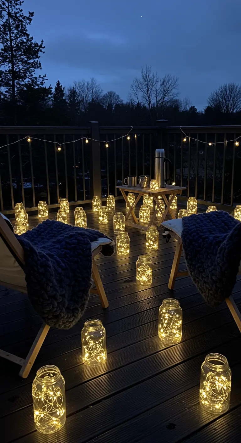 Terrasse en bois avec des chaises et de nombreux bocaux remplis de guirlandes lumineuses.