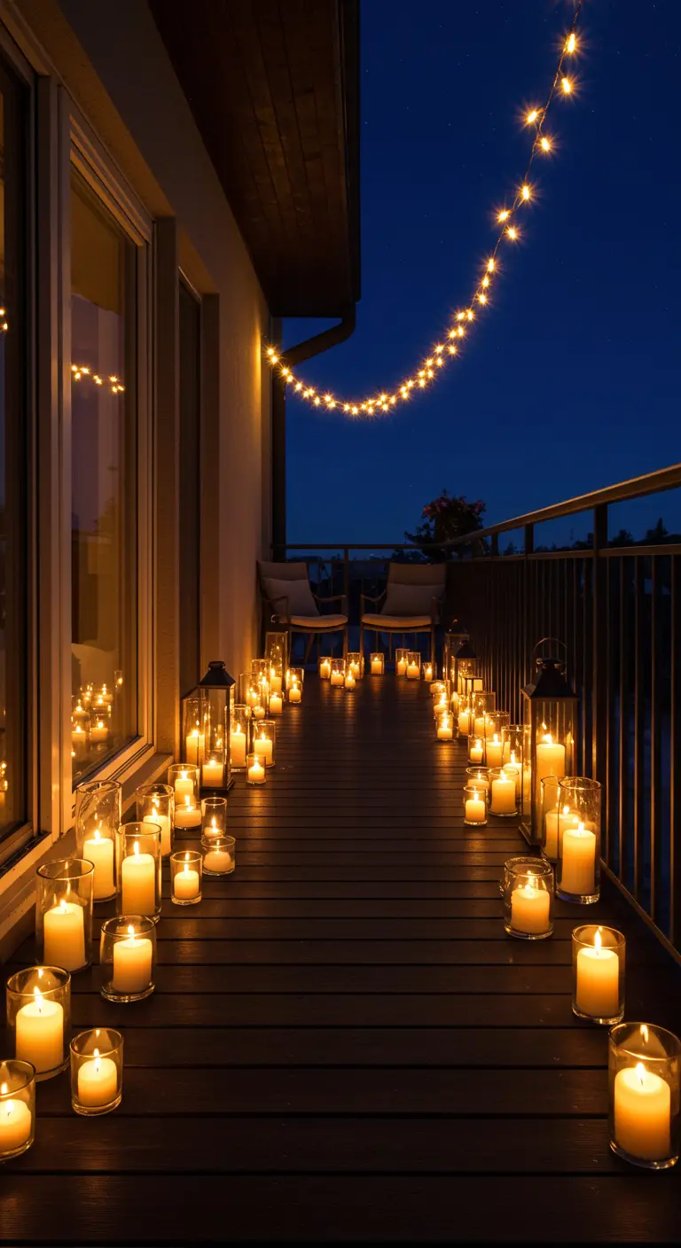 Long balcon en bois transformé en chemin lumineux avec des dizaines de bougies.