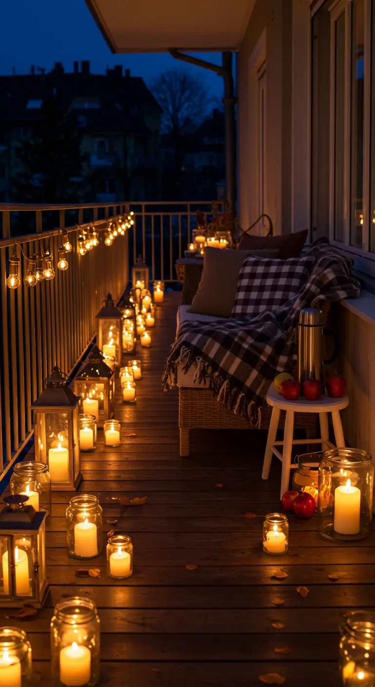 Long balcon illuminé par des dizaines de lanternes et de bougies au sol.