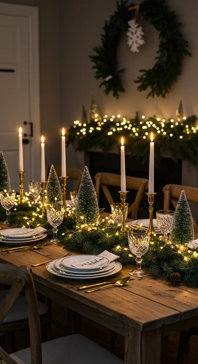 Table de Noël rustique avec guirlande de sapin illuminée et chandeliers dorés.