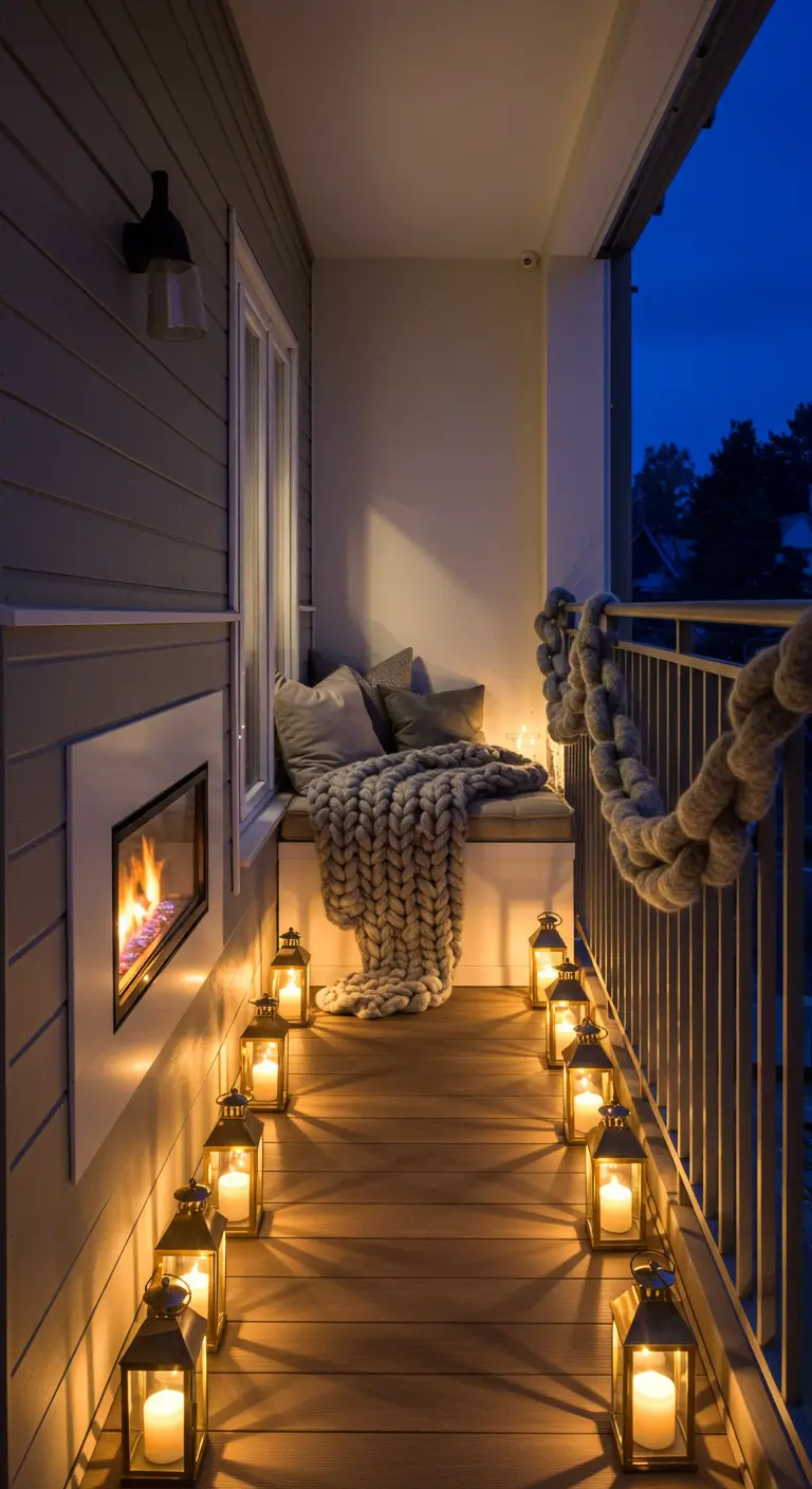 Balcon étroit éclairé par un chemin de lanternes menant à un banc cosy.