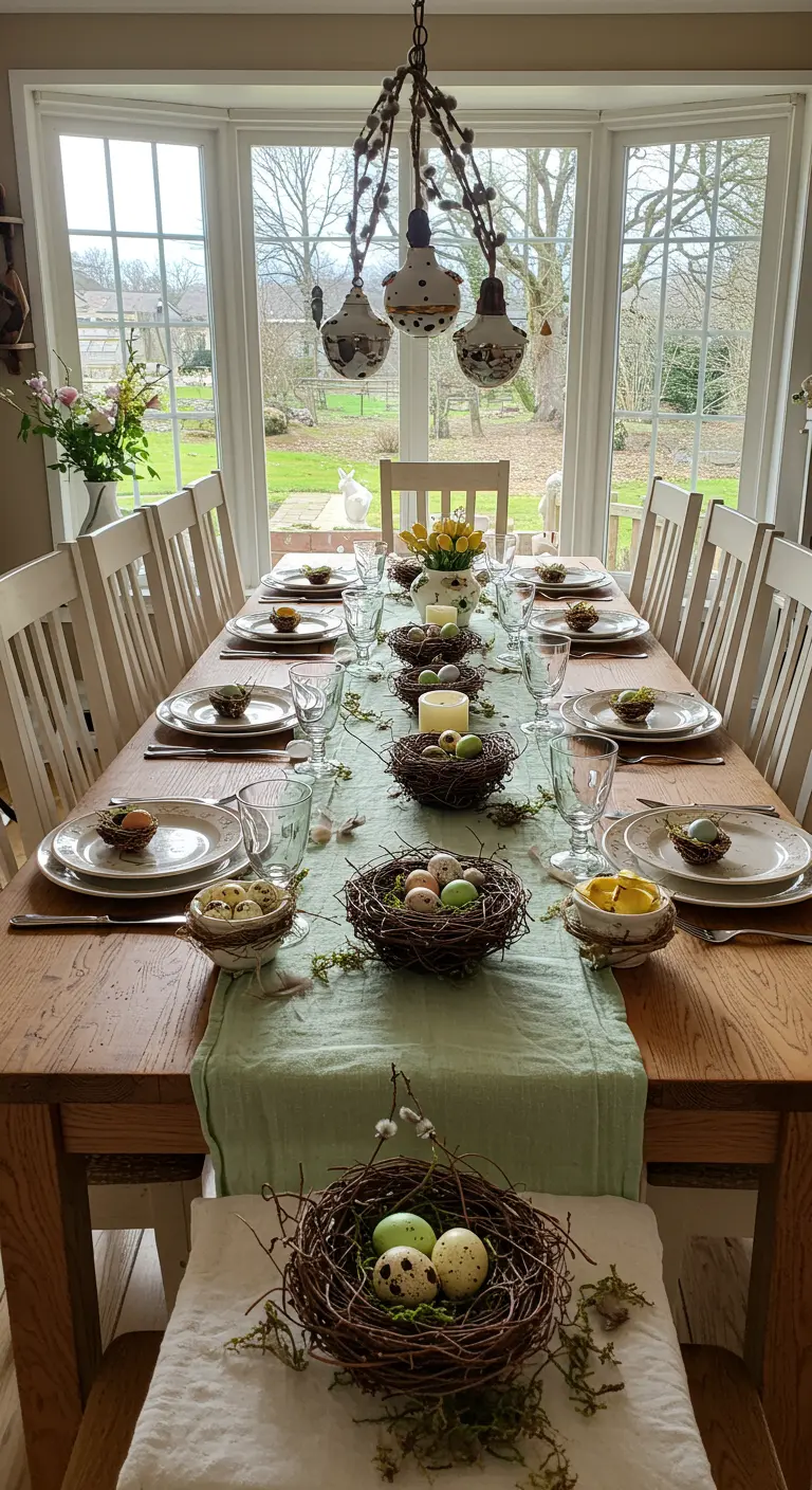 Table de Pâques rustique avec un chemin de table vert et des nids garnis d'œufs.