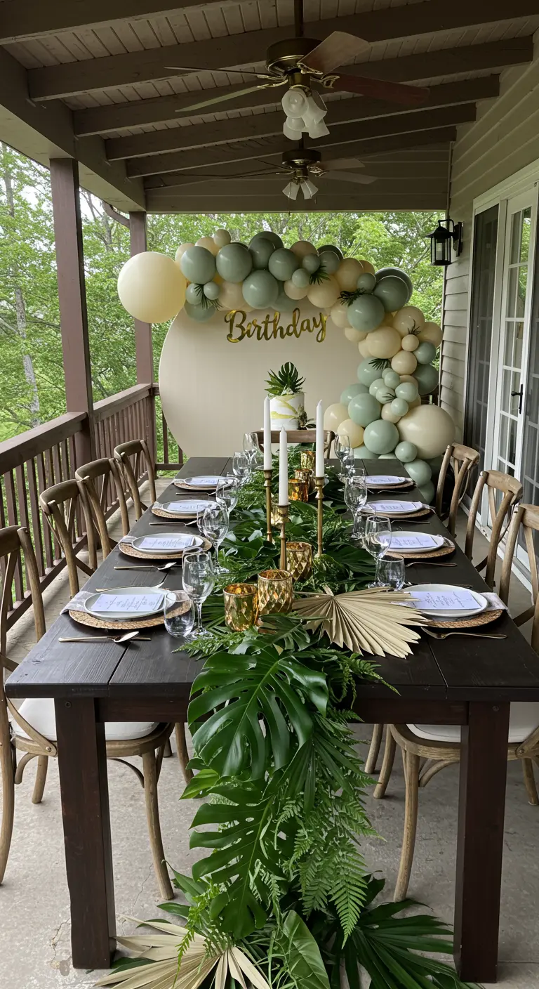Longue table en bois avec un chemin de table fait de feuilles de palmier et une arche de ballons.