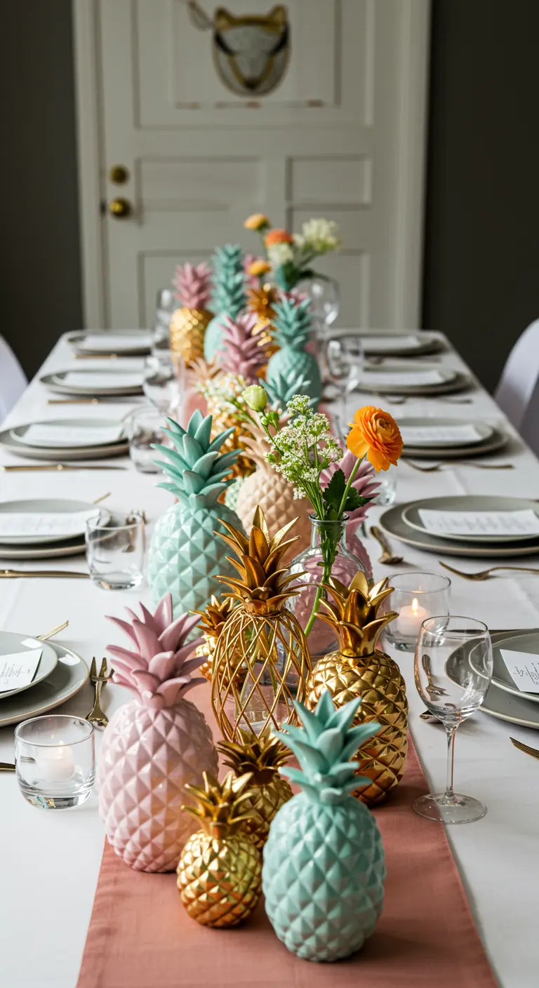 Centre de table composé d'une collection d'ananas décoratifs pastel et dorés.