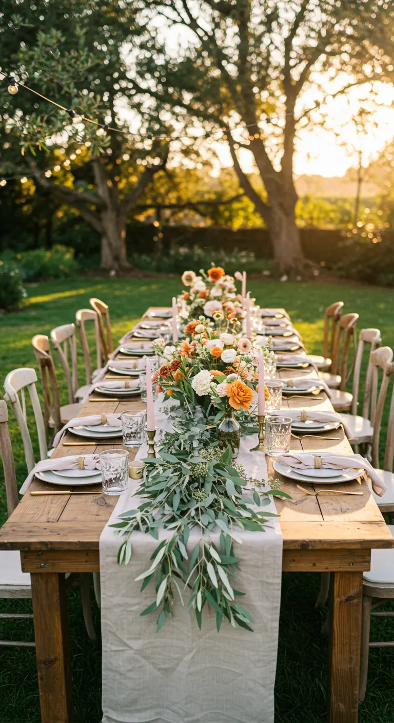 Table de fête en bois dans un jardin au coucher du soleil, décorée de fleurs et bougies.