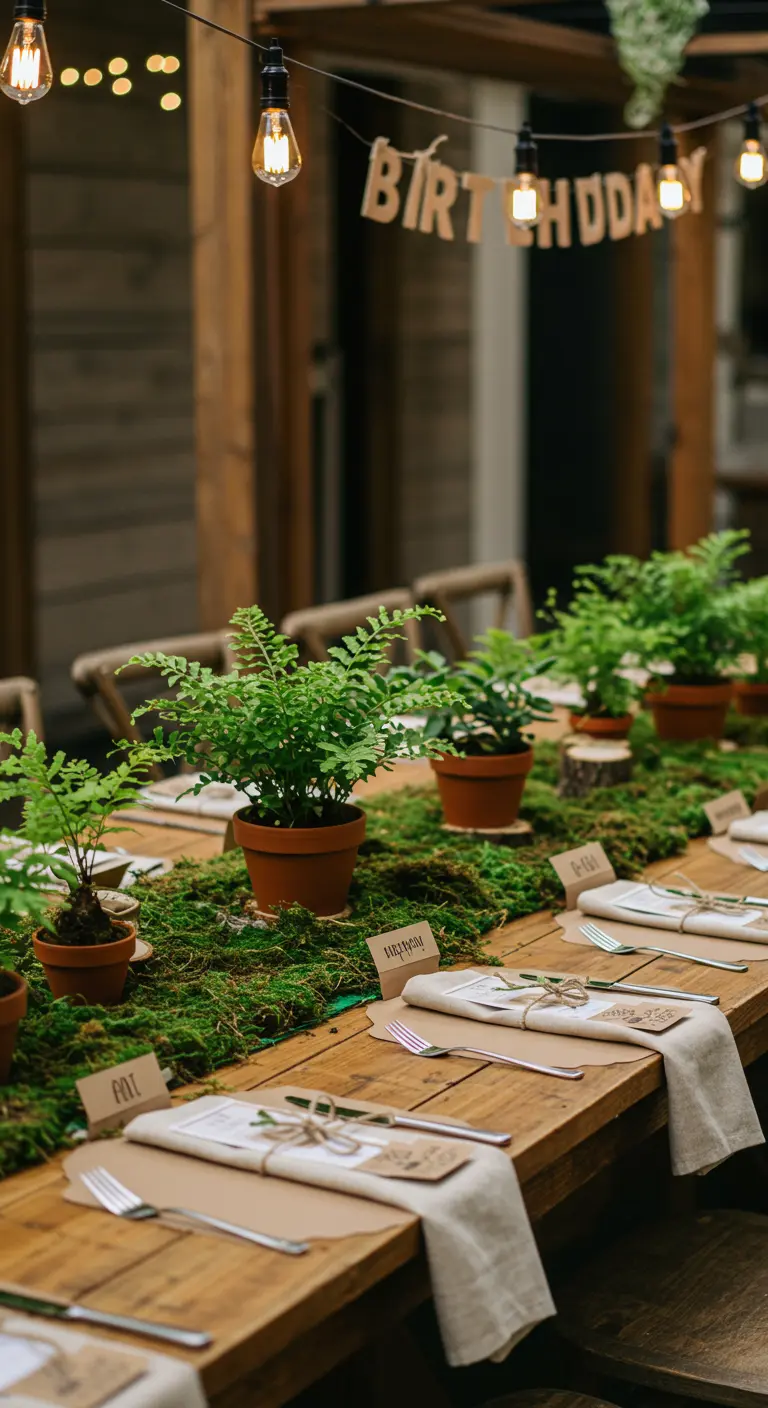 Table en bois avec chemin de table en mousse, fougères en pot et guirlande lumineuse.