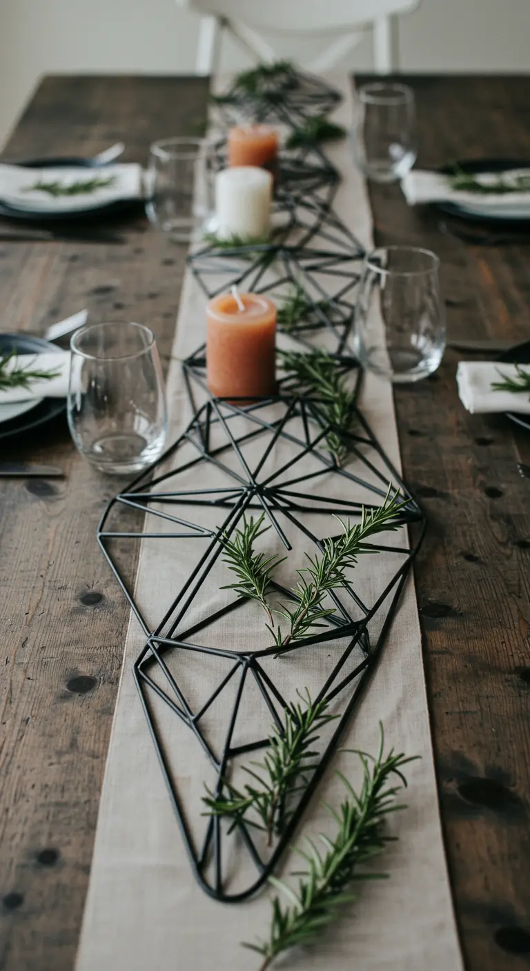 Chemin de table en métal noir géométrique décoré de romarin et de bougies.