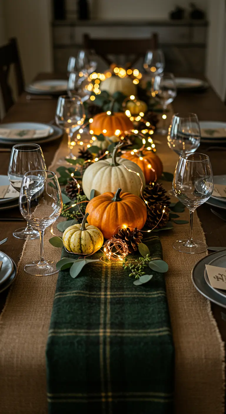 Table dressée pour l'automne avec citrouilles, chemin de table et guirlandes