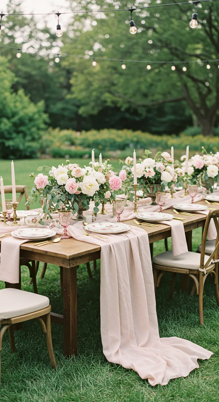 Longue table dressée en plein air avec chemin de table rose, pivoines et bougies sous des lumières suspendues.