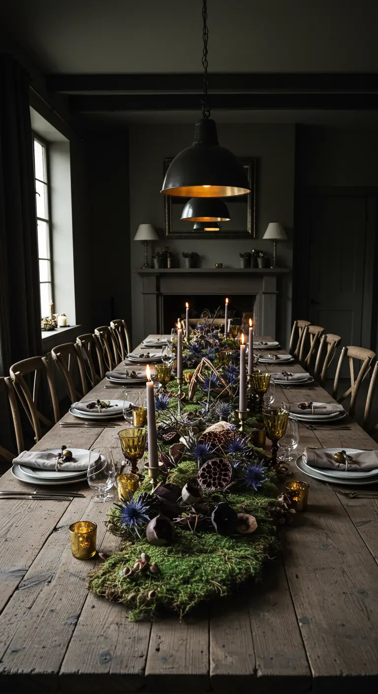 Table de dîner dressée avec un chemin de table en mousse et fleurs séchées sombres.