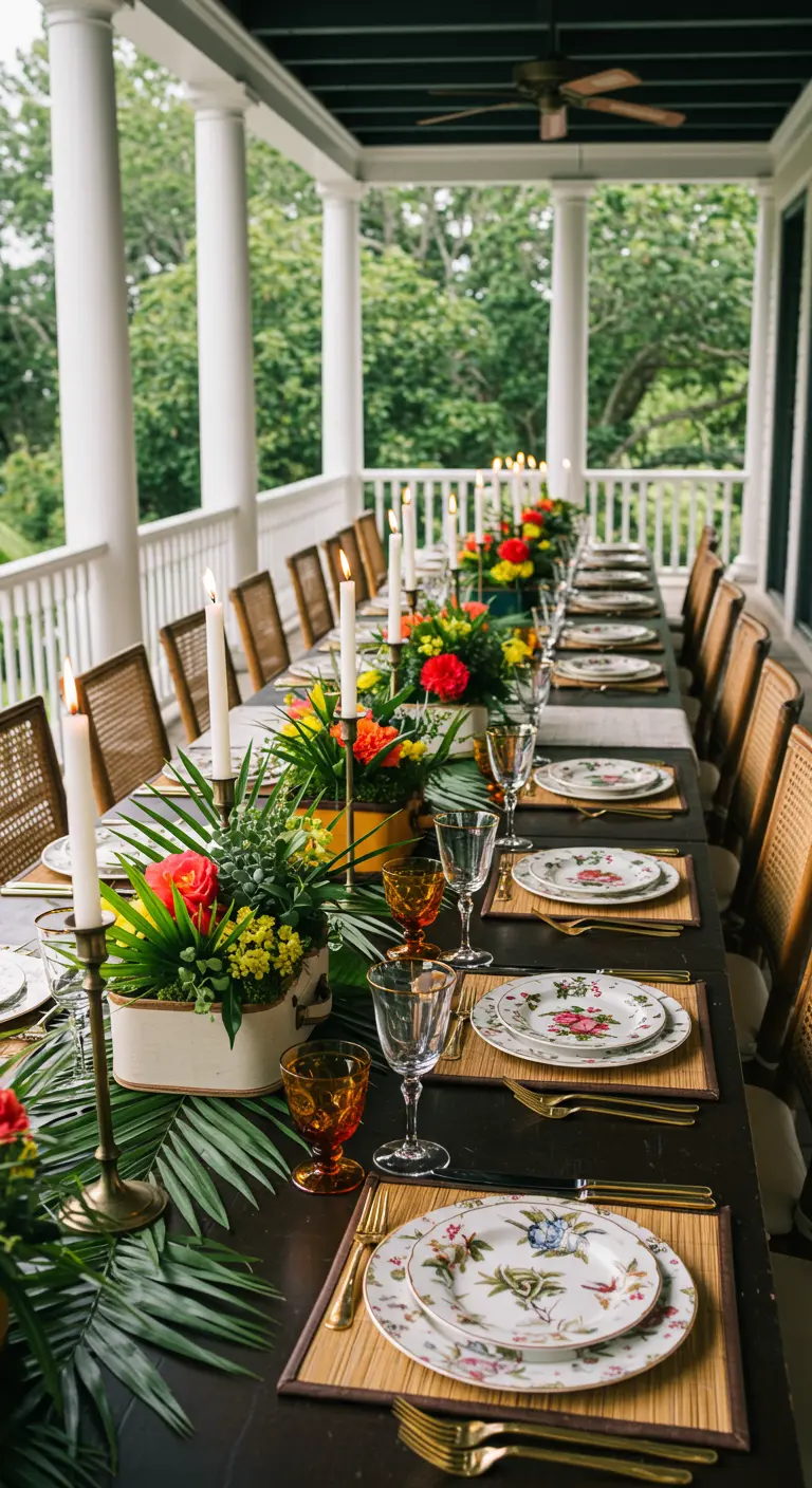 Longue table de dîner dressée sur un porche, avec un chemin de table en feuilles de palmier.