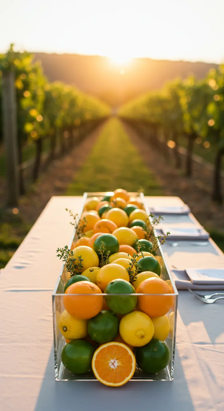 Long vase rectangulaire rempli d'agrumes sur une table avec vue sur un vignoble.