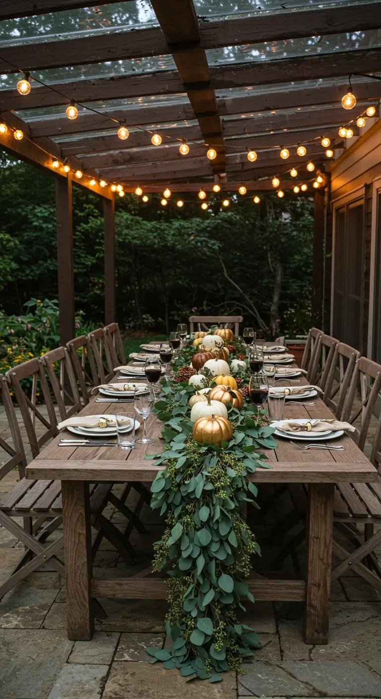 Longue table en bois sous une pergola, avec un chemin de table en eucalyptus et citrouilles dorées.