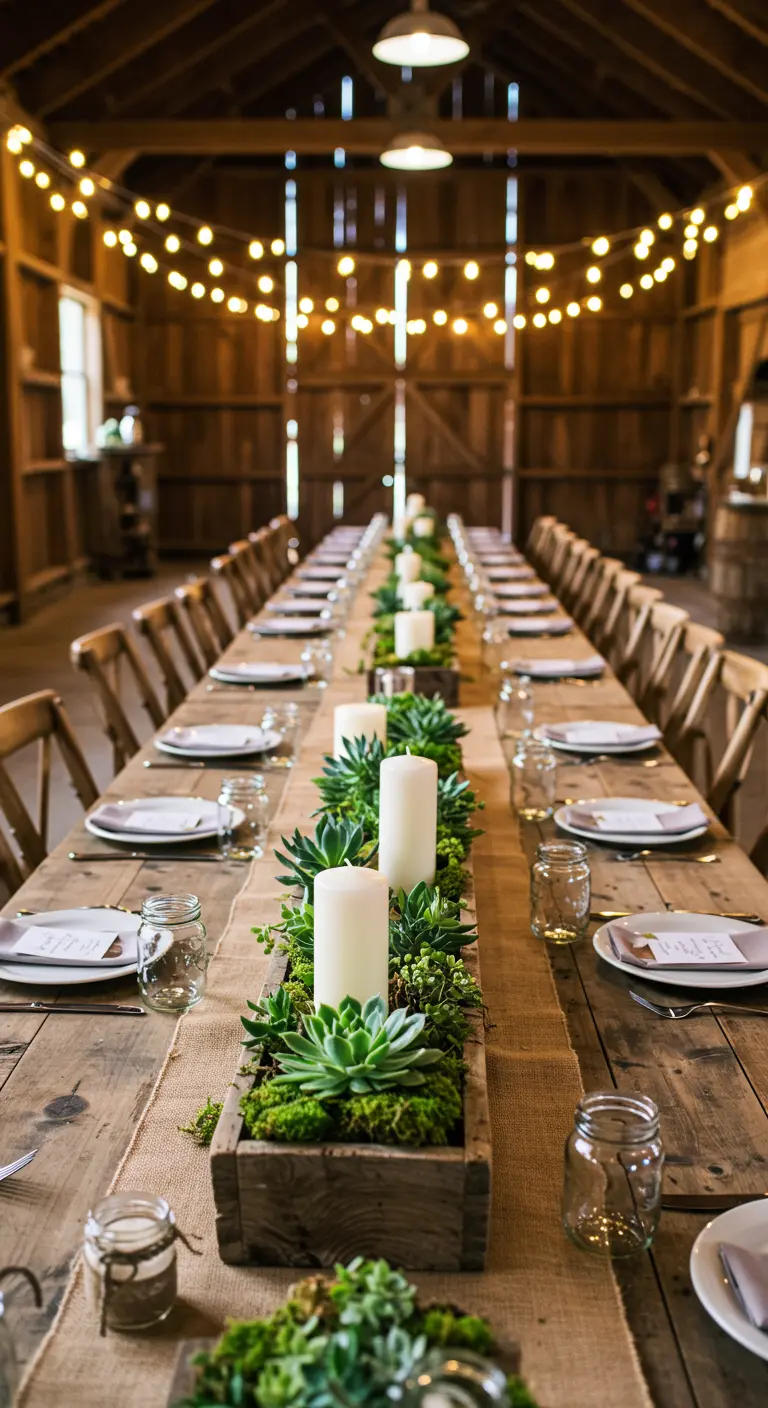 Longue table en bois dans une grange avec un centre de table de succulentes et bougies.