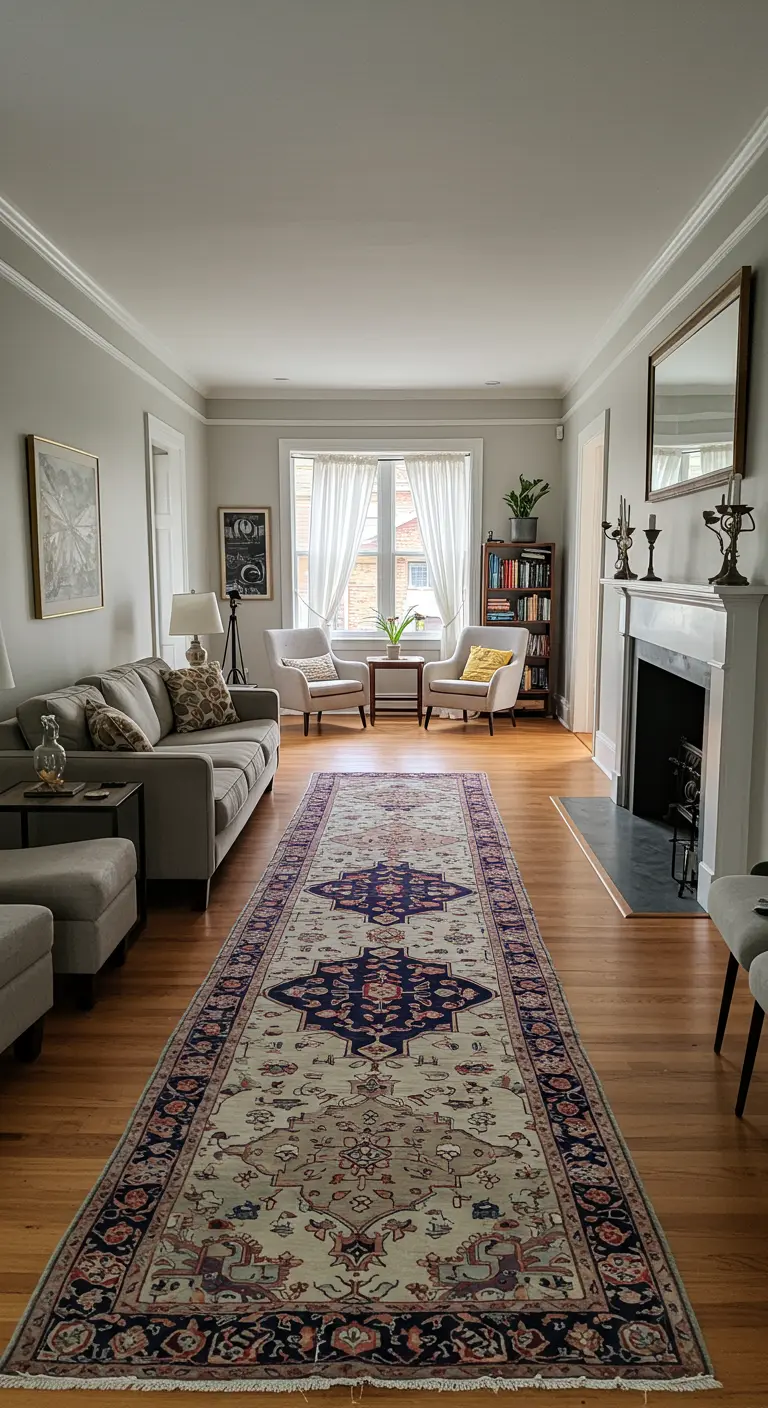 Salon étroit et long avec un tapis de couloir oriental pour structurer l'espace.