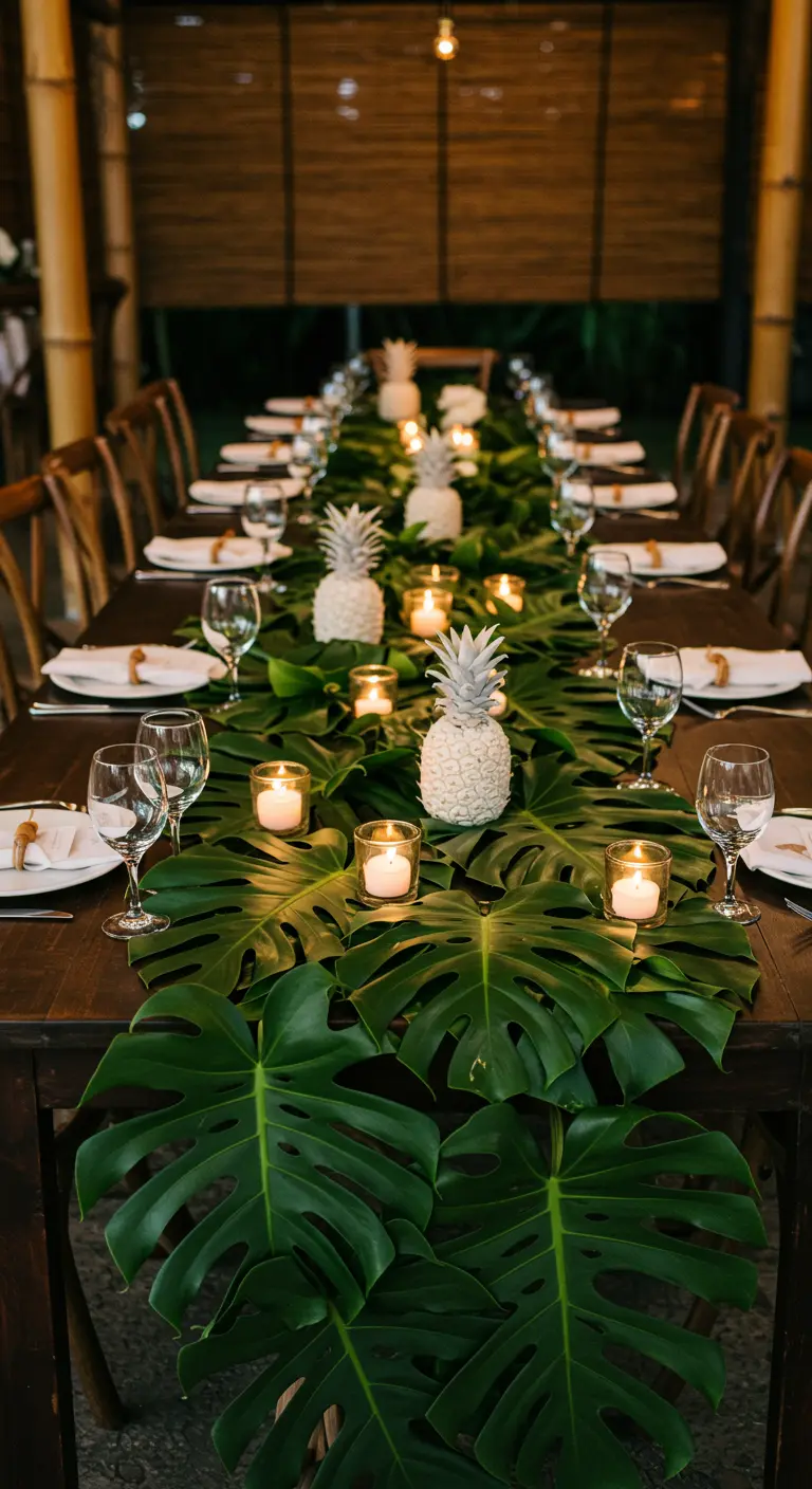 Longue table avec chemin de table en feuilles de monstera et ananas blancs.