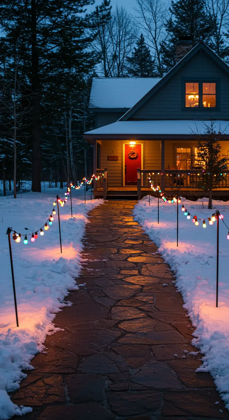 Allée enneigée bordée de piquets supportant une guirlande lumineuse colorée.