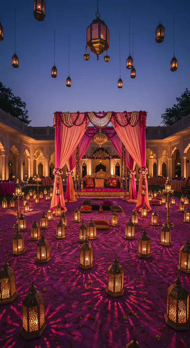 Cour extérieure la nuit, couverte d'un tapis fuchsia et de dizaines de lanternes.