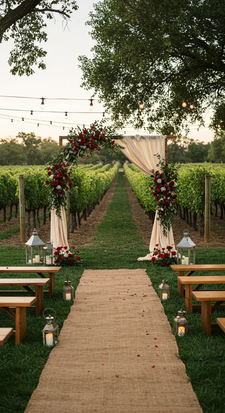 Arche de mariage en bois, drapée et fleurie de rouge et blanc, au milieu d'un vignoble.