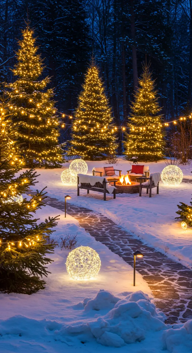 Jardin enneigé illuminé par des guirlandes LED sur les arbres, des sphères lumineuses et un brasero.