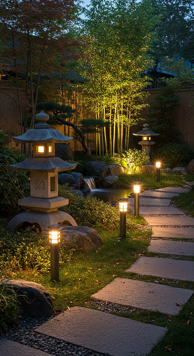 Chemin de jardin japonais éclairé par des lanternes de pierre et des balises LED.