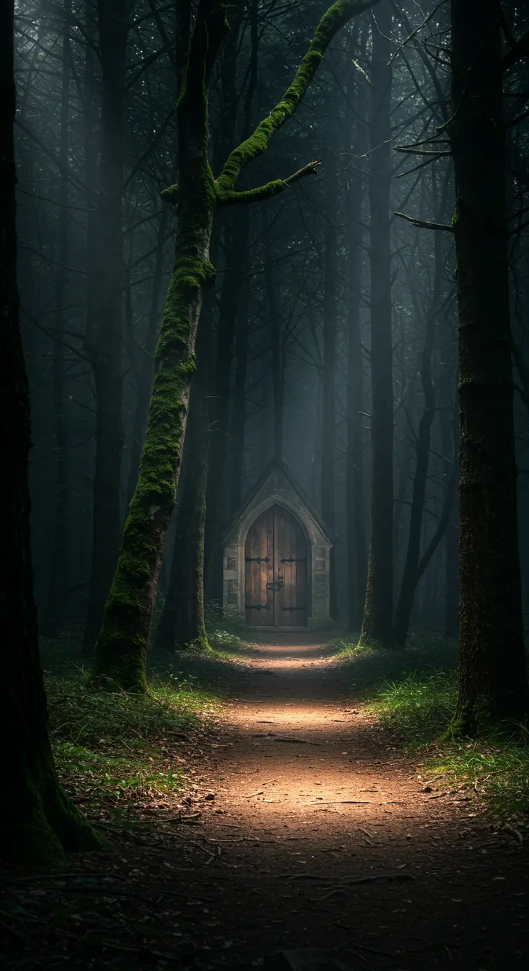 Chemin sombre en forêt, éclairé par un faisceau de lumière vers une petite porte en bois.